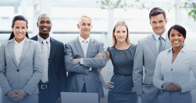 Business people lined up happy and smiling